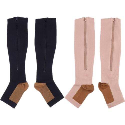 2 Pairs Adult Women Men Copper Compression Socks Leg Support Open Toe Zipper Sleeves Stockings Black / Skin