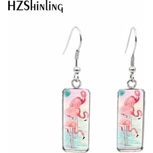 2020 New Pink Flamingo Earring Photo Rectangular Earring Flowers Birds Hook Earrings Glass Dome Jewelry