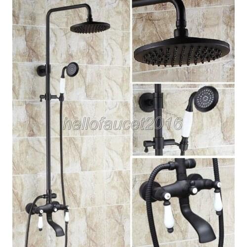 8 inch Black Oil Rubbed Brass Rainfall Shower Faucet Set Bathroom Wall Mounted Tub Mixer Dual Ceramic Handle Taps lhg146