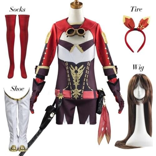 Anime Genshin Impact Amber Game Suit Lovely Dress Uniform Cosplay Costume Halloween Party Outfit Boots Plus Wig For Women Girls