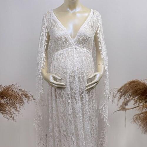DON&JUDY White Boho Lace Maternity Dress with Tassels Cape for Photo shoot Wedding Party V-neck Clothes Dress for Photography