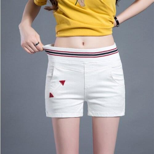 Elastic Waist Jeans Shorts Women Red Patches Casual Student Short Denim Pants Ladies Whiter Jeans Short Mujer Pantalones