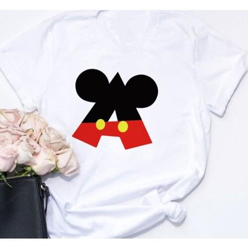 Women T Shirt Summer Short Sleeve ABC Alphabet Print Cute Kawaii Tshirts Mickey Minnie Mouse Disney T Shirt Harajuku Women Tops
