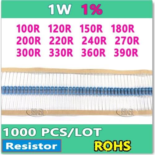 JASNPROSMA 1W 1000PCS/LOT 1% 100R 120R 150R 180R 200R 220R 240R 270R 300R 330R 360R 390R metal film DIP OHM Box packing