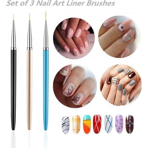 3PCS Nail Art Liner Brushes, UV Gel Painting Acrylic Nail Design Nylon Brush, Nail Painting Drawing Pens (7/9/11mm)