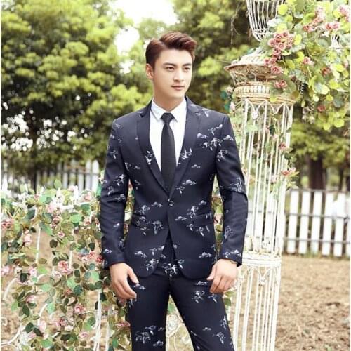 Blazer men printing suit set with pants mens wedding suits costume singer star style dance stage clothing formal dress