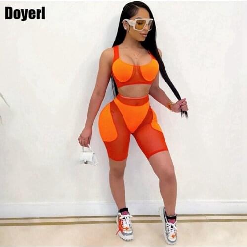 Summer Two Piece Short Sets for Women Tracksuit 2 Piece Set Sport Suit Mesh Top and Shorts Sets Sexy Club Outfits for Women 2021