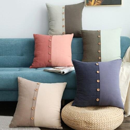 Solid and stripe patchwork sofa cushion cover soft breathable button decor linen and cotton pillow cover chair office pillowcase