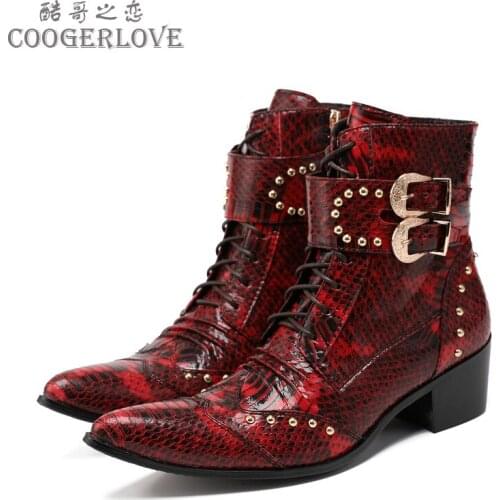 Autumn Austomized Serpentine Mens Boots Bar Party Personality Medium boots Tip Luxury Model Martins Singer Rivet Leather boots