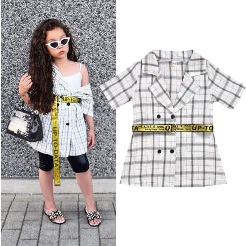 2-7Y Summer Girl Clothes Outfits Girls Jacket Coat Plaid Shirt Thin Cardigan Suit Collar Jacket +Letter Belt 2pcs Fashion Sets