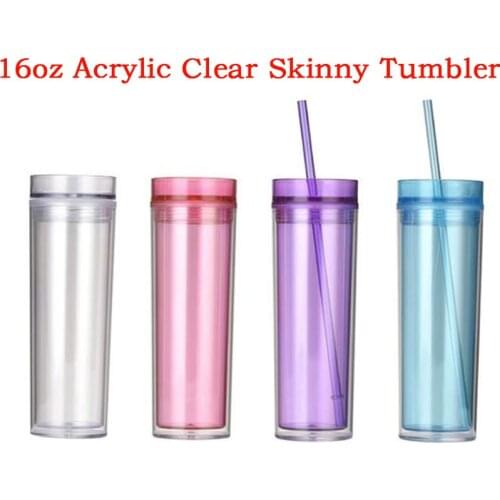 16oz Plastic Skinny Tumbler Cups Double Wall With Lid and Straw Mug Insulated Reusable Tumbler Clear Acrylic Water Bottle