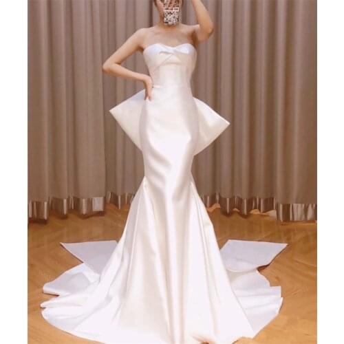 Sweep Train Mermaid Satin Wedding Dress 2021 Elegant Simple French Strapless Bow Bridal Gowns vestidos de mairee Wedding Party