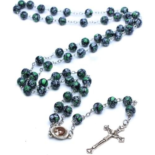 QIGO Glass Cross Pendant Rosary Necklace Religious Long Jewelry