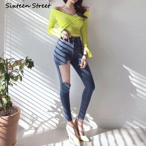 Ripped Jeans or Women Korean Style High-Waisted Pencil Jeans Female Stretched Ankle-Length Y2K Pants Aesthetic Fashion 2020
