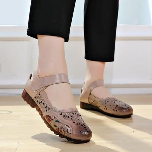 Woman sandals Genuine Leather Retro Block Square High Heels 2020 Buckle Strap Breathable Comfortable printing Hollow out shoes