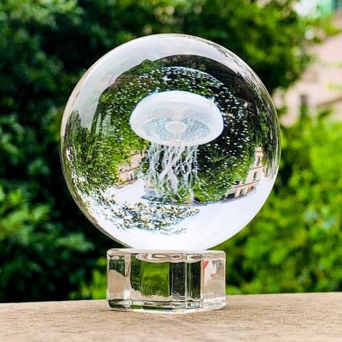 60mm 3D Jellyfish Crystal Ball Laser Engraved Miniature Sphere Glass Globe Display Stand Home Decoration Accessories Gifts Craft
