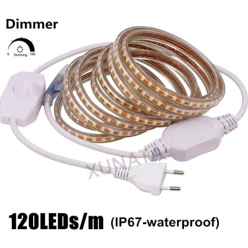 220V LED Strip Waterproof Outdoor Lighting SMD 2835 120 LEDs/m Ribbon Tape Flexible LED Light Lamp With EU Dimmer Plug