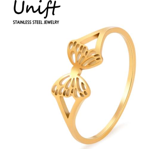 Unift Exquisite Silver Color Butterfly Rings for Women Men Stainless Steel Trendy Wedding Band Jewelry Gift for Lovers Friends