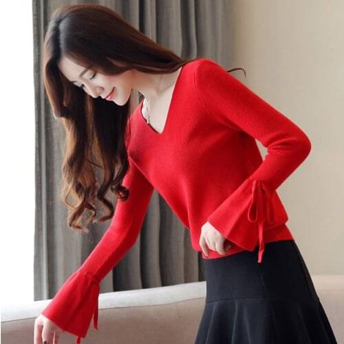 Spring Autumn Style Women Knitted Pullover T-shirts Lady Casual Long Flare Sleeve V-Neck Loose Pullover Shirts ZZ0857