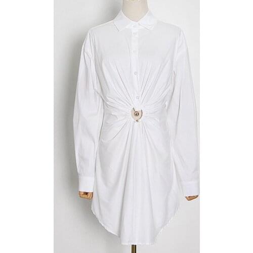 SeeBeautiful Loose Dress Lapel Long Sleeve Single Breasted Hollow Out Mini Dresses New Fashion Spring 2021 Women T881