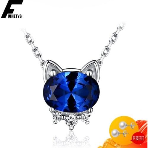 BaliJelry 925 Silver Necklace Cat Shape Sapphire Zircon Gemstone Pendant Jewelry for Women Wedding Engagement Party Accessories