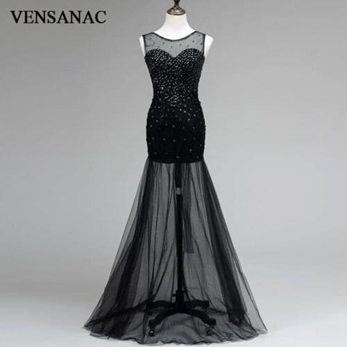 VENSANAC 2017 New Mermaid Crystals O Neck Long Evening Dresses Sleeveless Elegant Tank Open Back Lace Party Prom Gowns