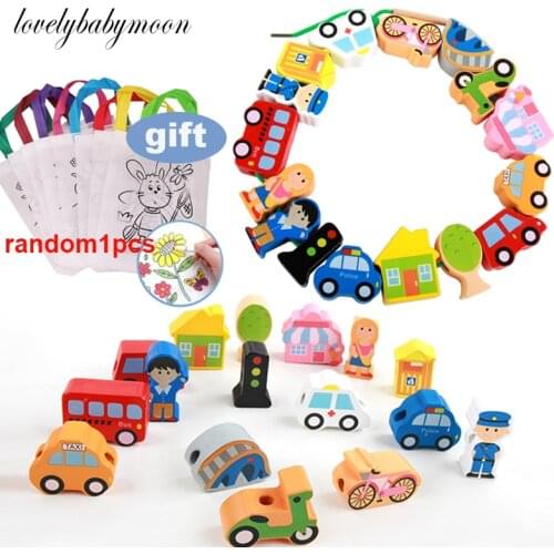 1set Wooden Stringing Threading Beads Game Cartoon City Farm Animal Block Baby Children Educational Toys With Gift Bag