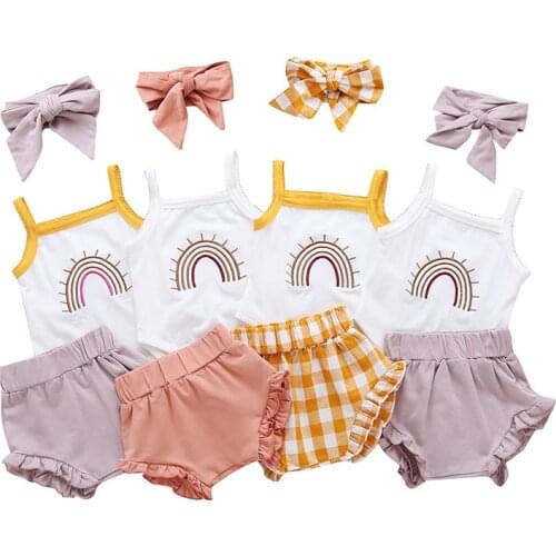 3-18Months Infant Newborn Clothes Baby Cotton 3PCS/Set Plaid Headbands White Rompers Ruffle Shorts Outfits