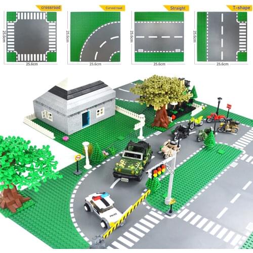 City Road Base Plate Green Street Baseplates Straight Crossroad Curve T-Junction Building Blocks Compatible With Lego 2020