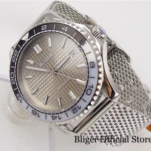 BLIGER Luxury Type Mechanical Men Watch Grey Dial Sapphire Glass Rotating Bezel Steel Band MIYOTA Movement