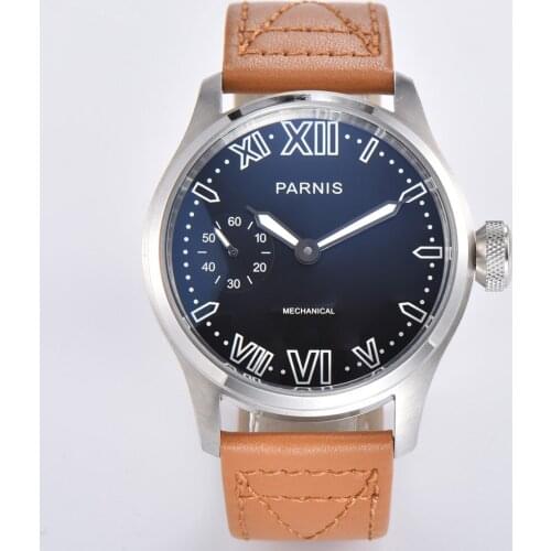 Parnis 46mm Black Dial Mechanical Hand Wind Watch Men Luminous Waterproof Leather Strap Wristwatch Men