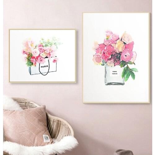 Perfume Bottle Flower Pastel Glam Canvas Painting Vogue Wall Pictures Fashion Watercolor Posters and Prints Home Wall Decor
