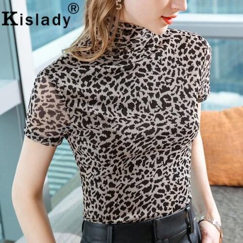 Kislady 2021 Summer Turtleneck Plus Size Harajuku T-shirts Korean OL New Leopard T-shirts Sexy Tops Vintage Short Sleeve Clothes
