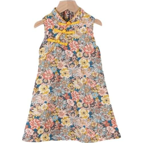 Girls Dress Summer 2021 New Kids Party Sleeveless Costumes Flowers Print Dresses Sweet Outfits Children Cheongsam Vestidos 3-7T