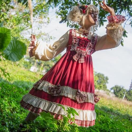 Lolita OP Dress Soft Sister Japanese Style Retro Bow Ruffle Long Sleeve Red Princess Tea Party Gown Women Cosplay Costume