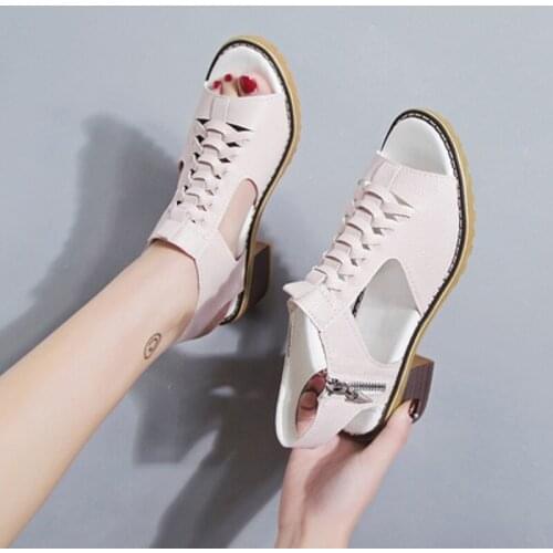 Roman Style Hollow Fashion Solid Color Zipper Square Heel Ladies Sandals Summer New High Heels Large Size 35-40