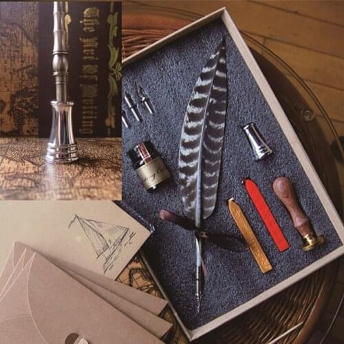 Best Antique Nature Feather Calligraphy Handwriting Dip Pen Set with 2 Wax Seals 1 Stamper 1 Ink 1 Pen Holder 5 Nibs