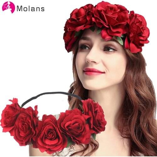 Molans New Bohemian Flower Crowns Beach Hawaii Floral Garland Romantic Faux Rose Bride Wedding Wreaths Flower Headband for Women