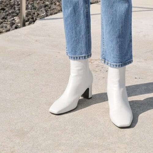 2020 New Autumn Winter Leather Retro SSquare Head Thick Heel Zipper 6CM/8CM Ankle Boots Size 33-42