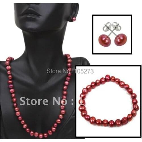 Nice Pearl Jewelry Set 8-9MM S925 Sterling Silvers Purple Genuine Freshwater Pearl Necklace Bracelet Earring New Free Shipping