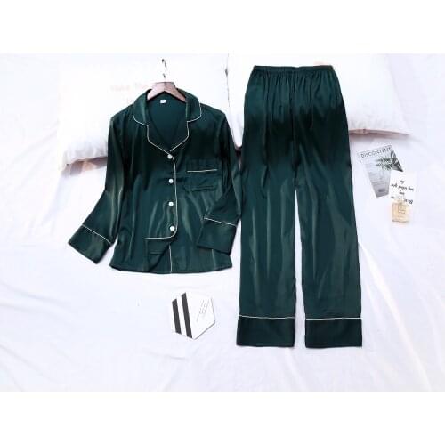 Spring And Summer Womens Silk Satin Pajamas Leisure Pyjamas Set Pockets Sleepwear Pijama Suit 2021 Female Sleep Home Clothing