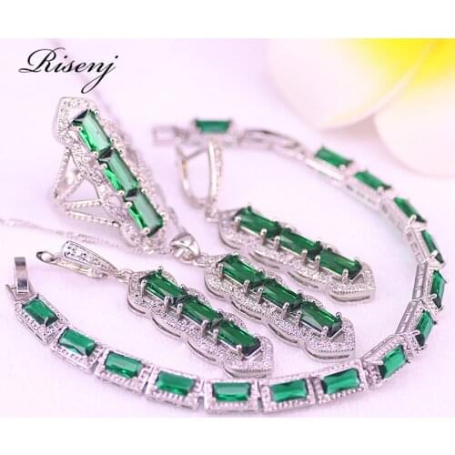 Square Green Stone White Zircon 925 Sterling Silver Jewelry For Women Long Earrings Ring Necklace Set Bridal Jewelry
