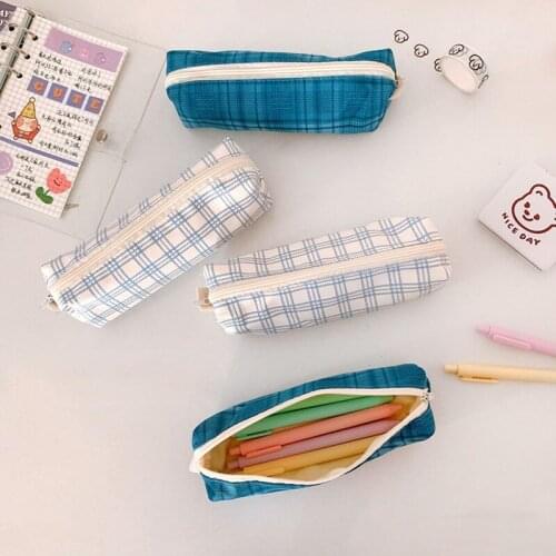 Simple California Girl Grid Lines Cotton Pencil Bag Korean Stationery Pen Case Pouches Fountain School Office Supplies