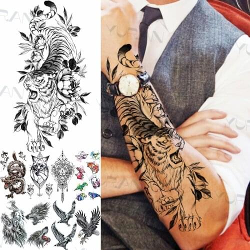 Realistic Tiger Flower Temporary Tattoo For Men Adult Fake Cat Dragon Tiger Eagle Wolf Tattoo Sticker Water Transfer Tatoo Paste