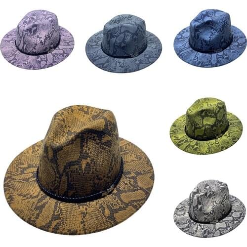 Wide-brimmed snake-print top hats for men women fedora hats imitation felt big brimmed hats autumn winter wool jazz hat