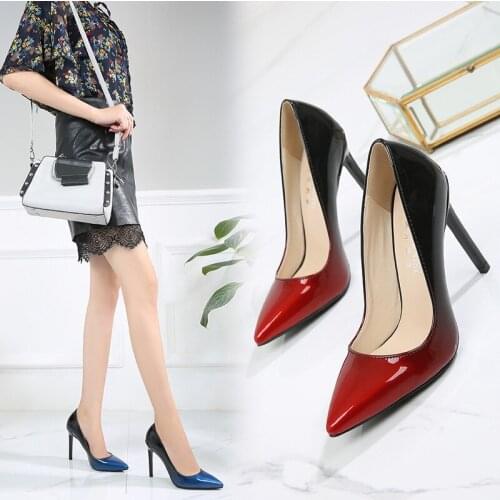 Gradient color Pointed Toe Shallow 10CM High heels pumps women shoes2021 Office Mixed Colors Thin Heels Rubber sole ladies shoes
