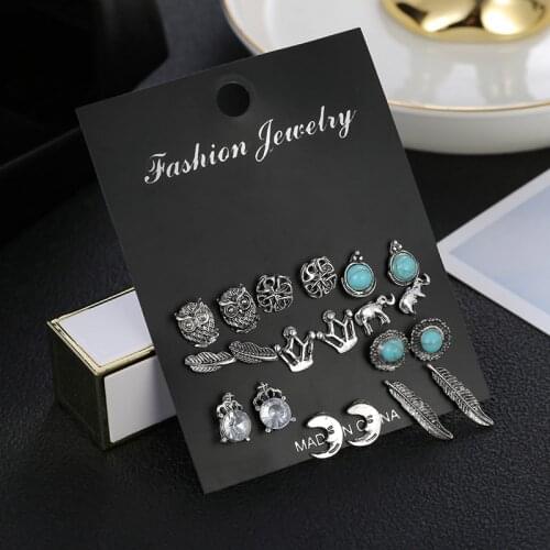 Vintage boho mixed small planting leaf animal elephant owl earrings trendy moon crown rhinestone party earrings set for women