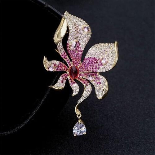 Pink Zirconia Flower Water Drop Brooches Pins For Women Korea Fashion Crystal Corsage Bridal Romantic Wedding Jewelry