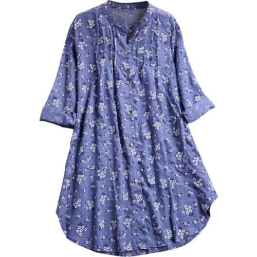 70% Hot Sell Plus Size Flower Print V Neck Pleated Long Sleeve Blouse Loose Women Tunic Shirt