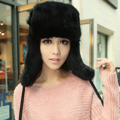 Womans Winter Hat Real Rabbit Fur Earflaps Warm Russian Bomber Hats For 2018 Thick Female Ear Warmer Cap Causal Trapper Skiing
